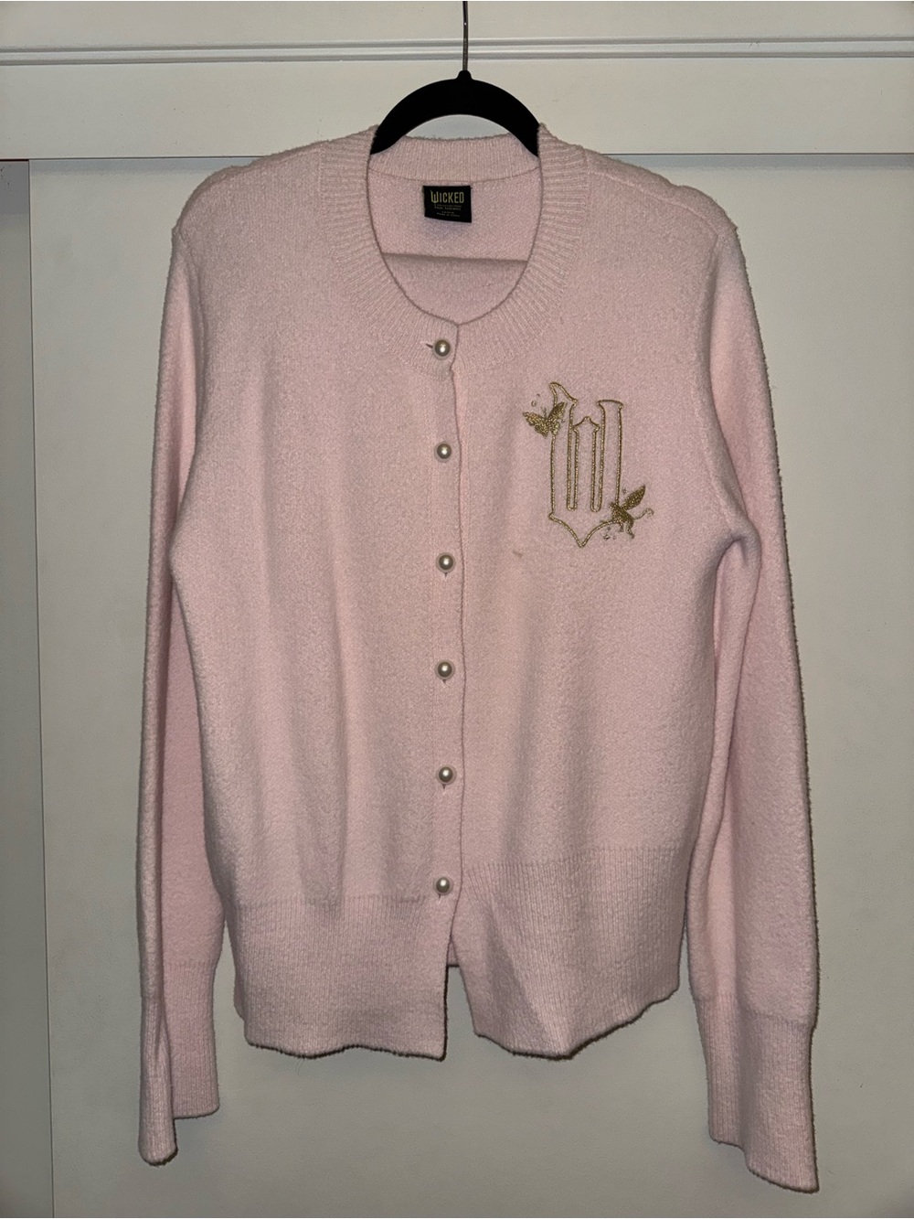 Women's Light Pink Pearl-Button Cardigan with Embroidered Logo